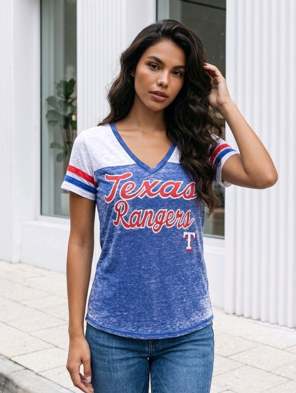 Texas Rangers Ringer Tee Women’s L MLB Burnout V Neck G-III 4Her Distressed